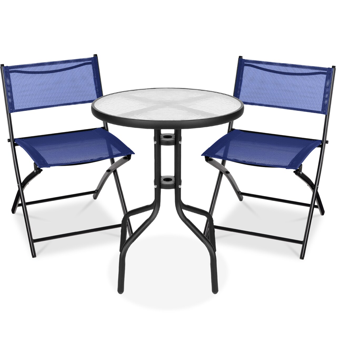 Best Choice Products 3-Piece Patio Bistro Dining Furniture Set w/ Round Textured Glass Tabletop, Folding Chairs